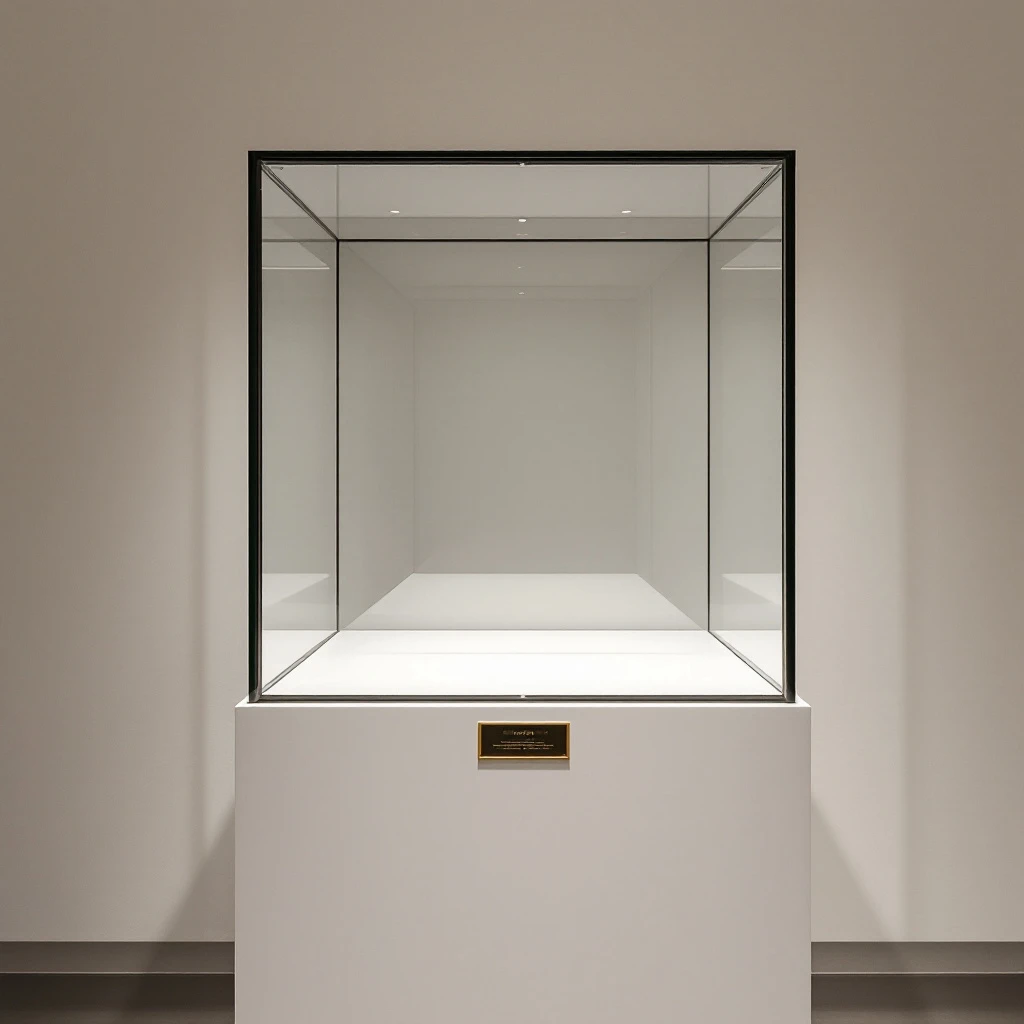 Ingenting Kunst: en tom glassmonter på en hvit sokkel i et galleri